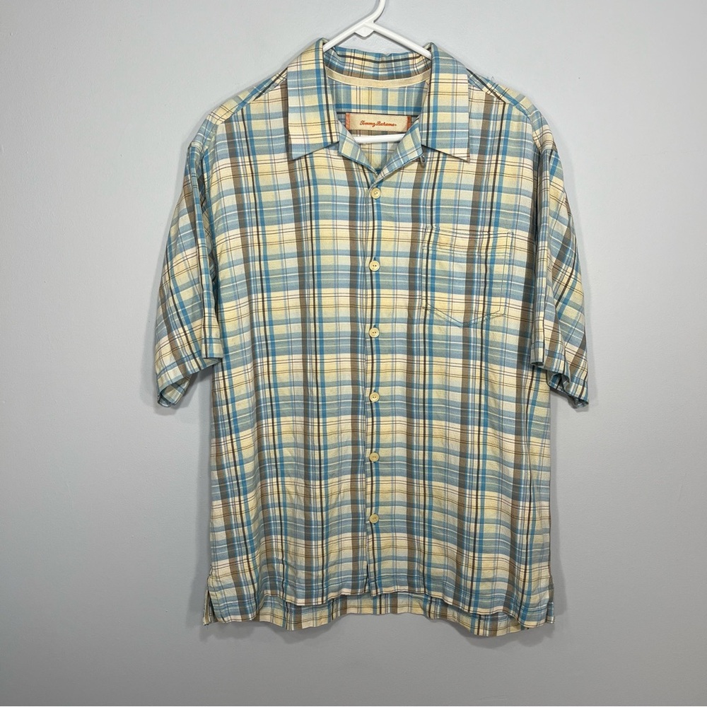Tommy Bahama Shirt Mens Large Blue Gray Plaid Short Sleeve Button Up 100% Silk